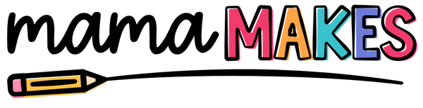 Colorful 'mama MAKES' text with a pencil on a white background
